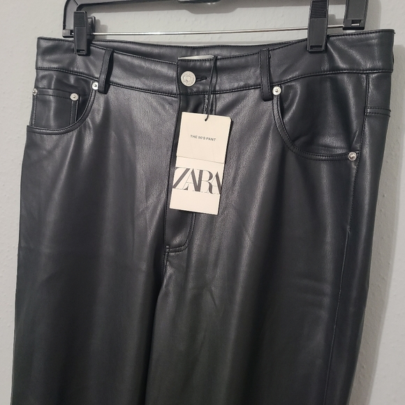 Zara Faux Leather The 90s Full Length Black Straight Leg Pant Women's Size‎ 12 - Picture 2 of 13